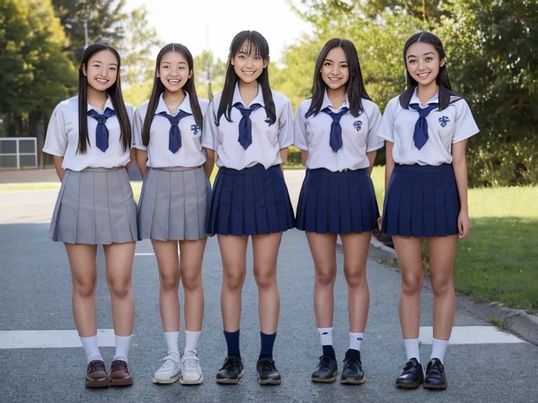 10 student girls went to their school and are sitting with their legs spread wide open with skirts