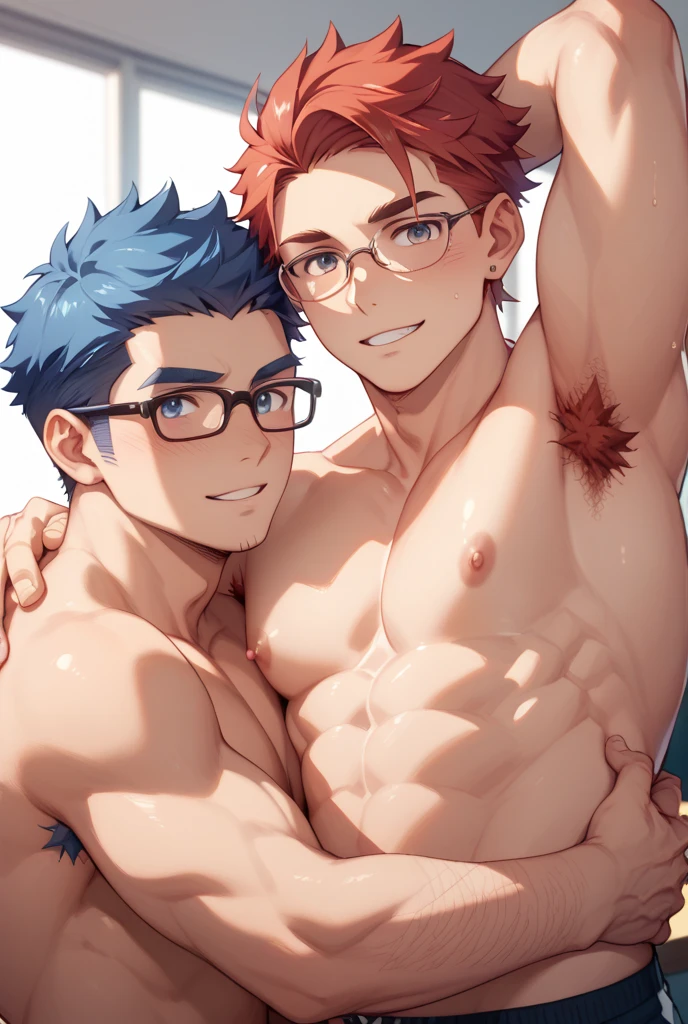 (( straight face picture )) ((best quality)), ((Masterpiece)), (details), ( Bright picture ). alhaitham, gray green hair , childe, orange hair , genshin , naked body , ( picture of two people ) exposing the penis ,