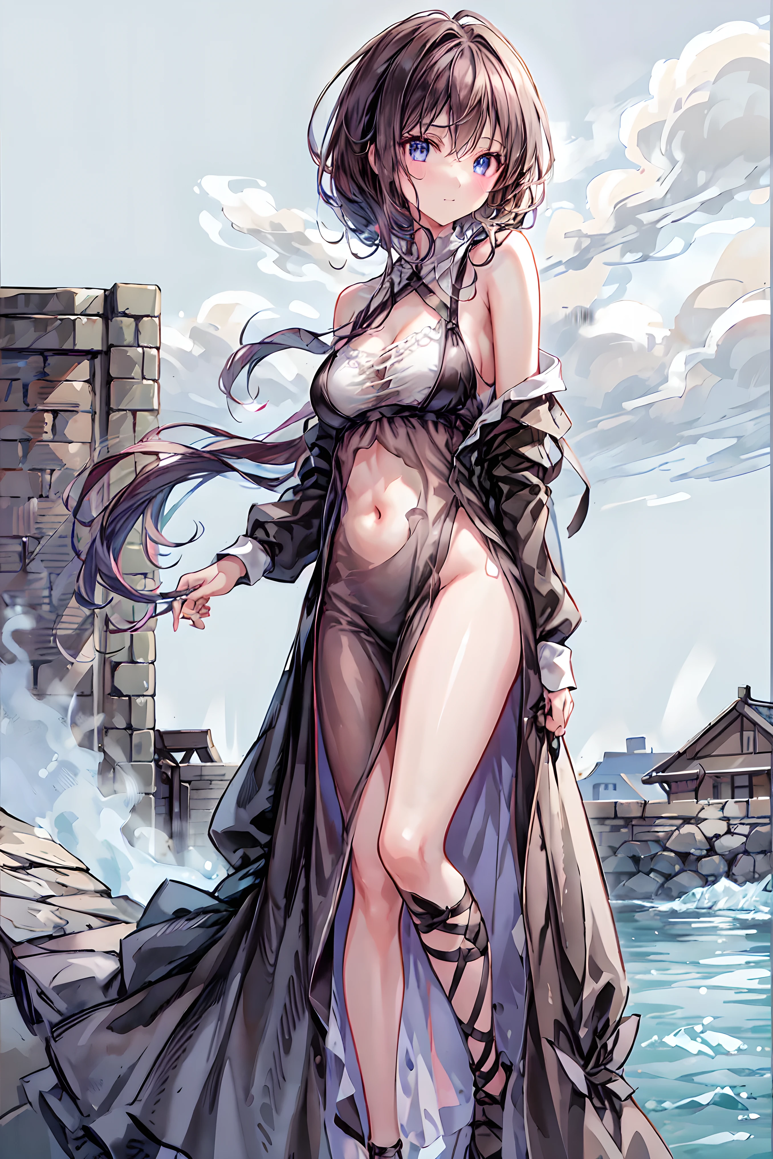 1girl, breasts, moon, lantern, night, solo, large breasts, hair ornament, wet, kimono, japanese clothes, wading, water, hair flower, flower, outdoors, sky, full moon, rain, black hair, off shoulder, mountain, cloud, holding, sash, bare shoulders, paper lantern, standing, white kimono, night sky, sideboob, obi, wet clothes, bangs, tree, from side, reflection, short hair, cloudy sky, wet hair (((masterpiece),(extremely detailed CG unity 8k wallpaper),best quality,,solo,1girl,cinematic lighting,detailed background,beautiful detailed eyes,bright pupils, (an extremely delicate and beautiful),(Beautiful and detailed eye description), ultra-detailed,masterpiece,)),