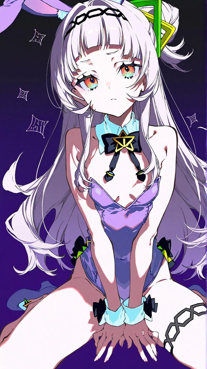 masterpiece, best quality, sharp focus, absurdres, ++ 1girl, solo, fantasy, light purple hair, very long hair, curly hair, french braid, single sidelock, forehead, red eyes, pink eyes, multicolored eyes, small chest, flat chest, loli, victorian dress, black dress, black corset, neckwear, off-shoulder dress, frills, dollgirl, doll joints, ++ pov, from below, arm support, looking at viewer, dungeon background, (blood:1.4), cold, neutral