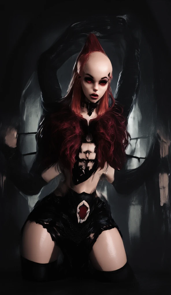 arafed woman with red hair and tattoos posing in front of a red background, lilith, succubus in tight short dress, deviantart artstation cgscosiety, seductive cyberpunk dark fantasy, anime character; full body art, gothic maiden, gothic maiden anime girl, neo goth, cyberpunk angry gorgeous goddess, gothic maiden of the dark, katarina