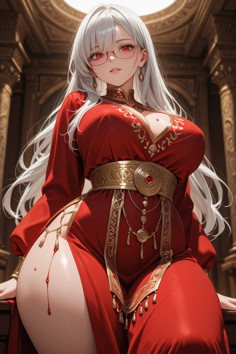 (masterpiece:1.2),8k,highres,best quality,(a beautiful palace),(beautiful Queen),crown,choker,(luxurious costumes:1.2),smile,(pureerosface v1:1.5),(perfect female body),modest exposure,elegant clothes,(gold and red clothes:1.2),luxurious,luxurious decorations,(narrow waist:1.1),(huge breasts:0.5),
put on a robe,long hair,silver hair,light on face,looking at me,<lora:PerfectFullBreasts-fCV3.5:1>,
