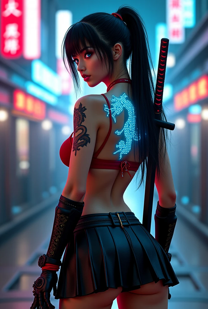 Back woman, com corpo fitness, bare back, short bikini, two katanas in hands, dragon back tattoo, short-hair, cyberpunk scenario, big-ass, muslos grandes