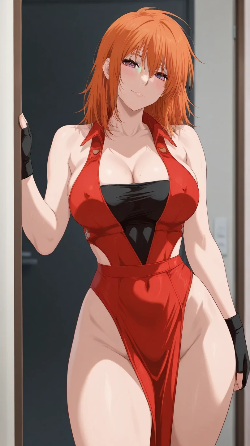 A woman with red hair and red eyes in a red robe is standing in a pool of water.