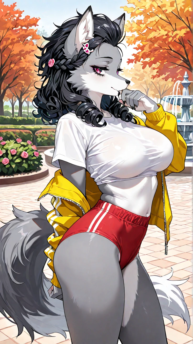 by darkgem, by duase, by BNG, by sligarthetiger, solo, 1girl, sergal, anthro, female, older woman, (round glasses:1.4), (white fur:1.3), (black hair:1.3), furry body, wide body, wide hips, thick thighs, big arms, (huge breasts:1.1), (heavy breasts:1.3), nipple outline, highly detailed eyes, milf, tank top, bare midriff, cleavage, large areolae, blue jeans, lowrise jeans, bare midriff, visible thong straps, Masterpiece, best quality, absurd res, highly detailed, cleanly drawn eyes, park environment, cute smile, standing upright, casual posture, buff, holding a smoothie