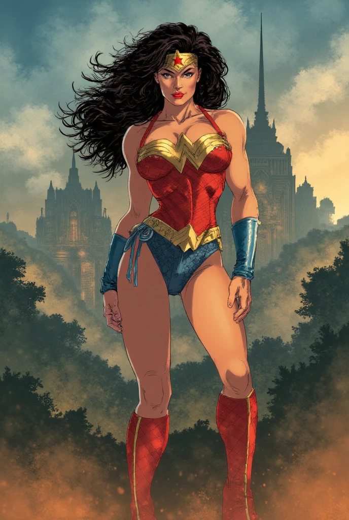 1 Wonder Woman, Full body standing painting, (((独奏))), Clear facial features, Simple line design, ((tarot card background, symmetric beauty)), perfectly symmetrical, The art of symmetry, Standing drawings of characters, ((flatcolors)), tmasterpiece，top Quority，best qualtiy，超高分辨率, ((Clear facial features，beautidful eyes，beauitful face, Exquisite facial features))