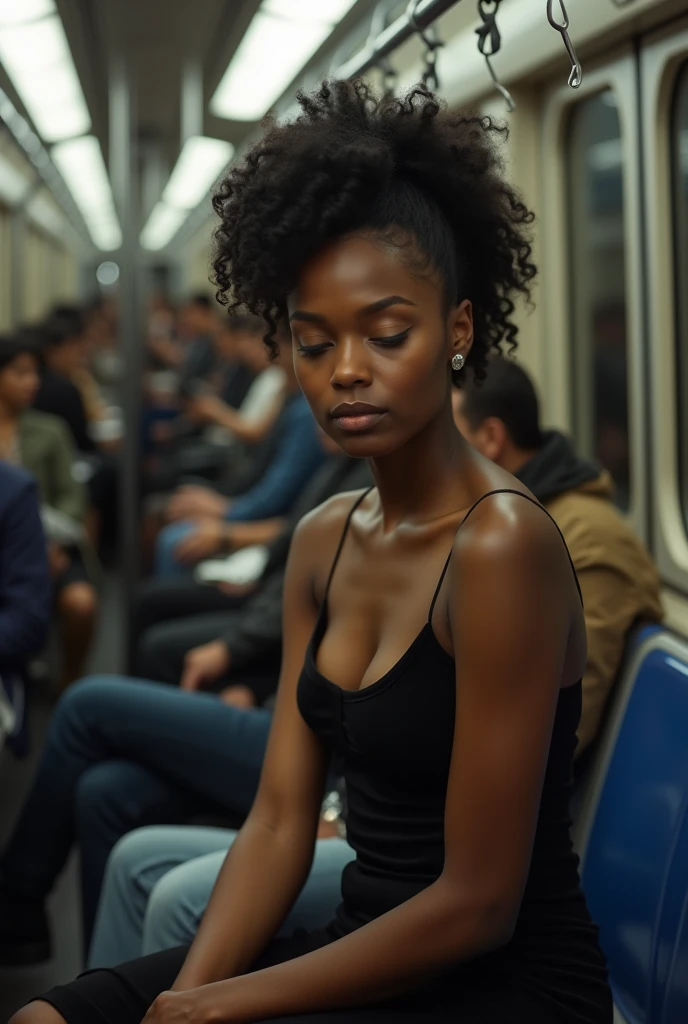 a black woman, sleeping with her mouth open, sleeping on the bus, beautiful face, brown skin, made up eyelids, dressed in a sexy way