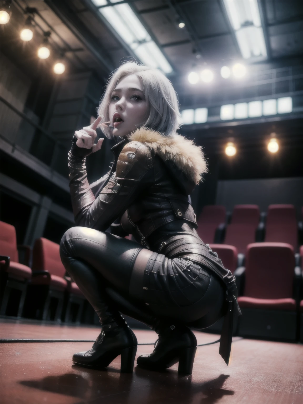 (masterpiece, best quality:1.2, looking down at subject, angled shot), solo, 1girl, mara sov, (blue skin:1.2), looking at viewer, fur trim, black leggings, black platform high heel shoes, necklace, BJ-FACE-POSE, tongue out, (hand infront of face, curled fingers, fingerless gloves), mara sov kneeling, slav squat, legs spread apart, on floor, straight back, (Setting: Nightclub, crowd watching in background, neon signs on wall, theater spotlights on ceiling, people sitting at tables, indoors, light fog)