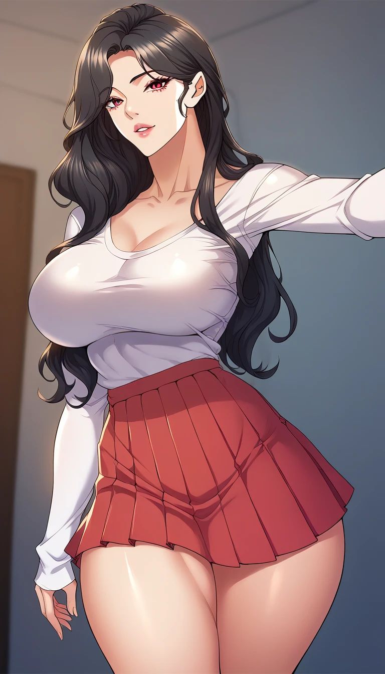 ((Masterpiece)), perfect anatomy, perfect shading, field of depth, (best quality), extremely delicate and beautiful, perfect lighting, detailed face, ultra cute face, cute, (cowboy shot 1.2), looking at viewer, full body, (((1girl))), (((solo))), cheerleader
medium hair, fluffy hair, black hair, brown eyes, ((blush))), (cheerleader uniform), (white tank top 1.2), (short section red skirt 1.2), thigh highs, chocker, extremely tight clothes, small breasts, cleavage, perky breasts, wide hips, thick thighs,
School gym, intricate background, detailed background, sweaty, out of breath, hand on hip, hand on breast,