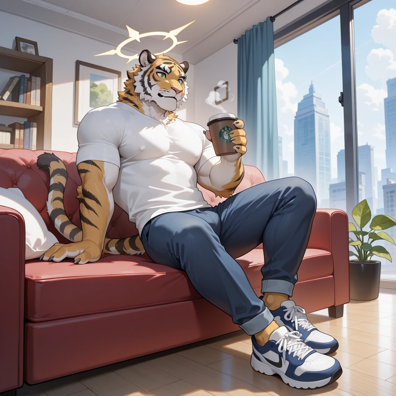 a tiger sitting on a couch in a living room, mature male, middle aged, muscular, veins, Sexybody, muscular, anthropomorphic, extra detailed body, detailed body, Best quality, masterpiece, ultra high res,detailed background,realistic, real shadow and light,depth of field, (looking at viewer), angry face, Moaning, open mouth, wearing white tank top, black pants, huge crotch, torn white tank top, ripped pants.