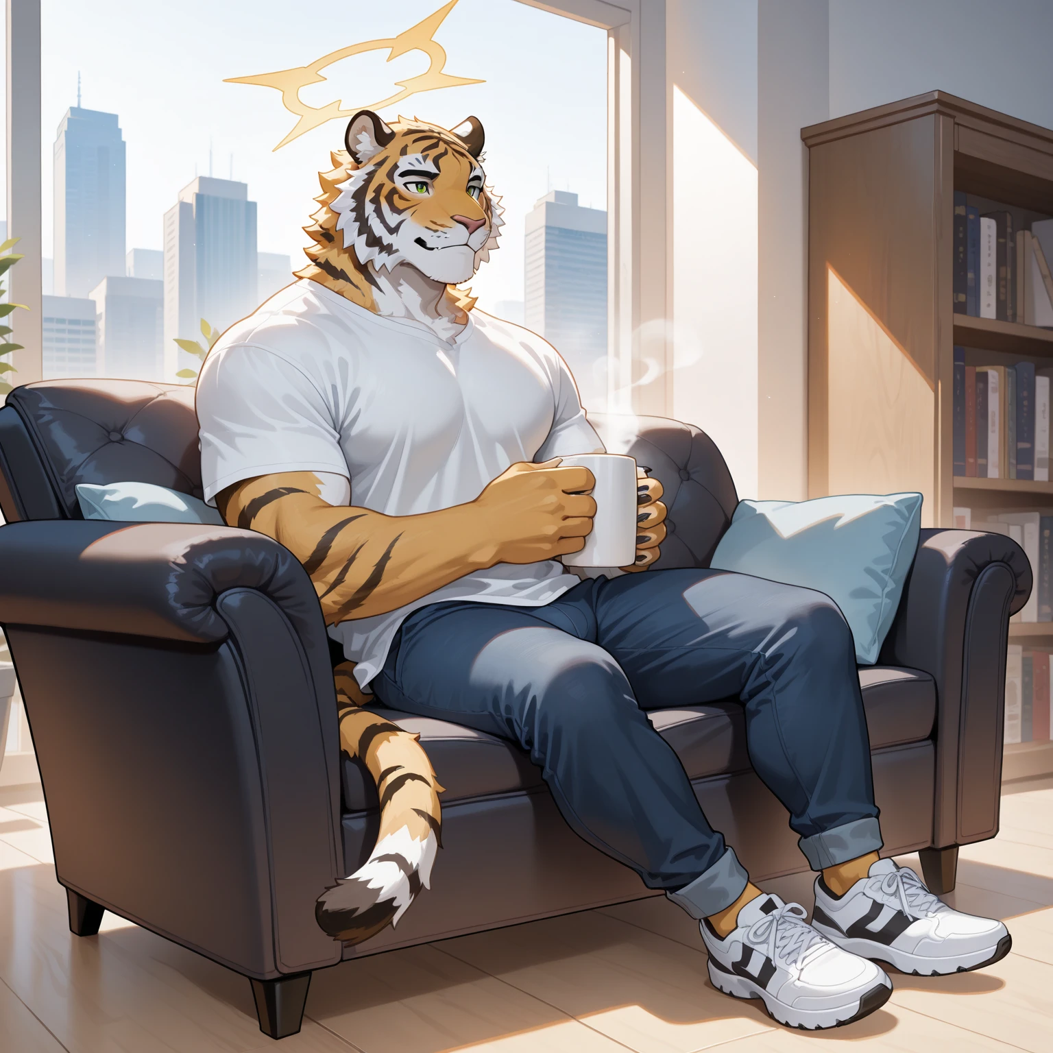 Masterpiece, Solo, (Black white tiger, Yellow eyes, Medium Black hair, Medium facial black hair) Muscular Body, Handsome, Good Looking, Adult, Fierce, Smirking, black T-Shirt, boxer, sitting in chair, near windows, living room background.