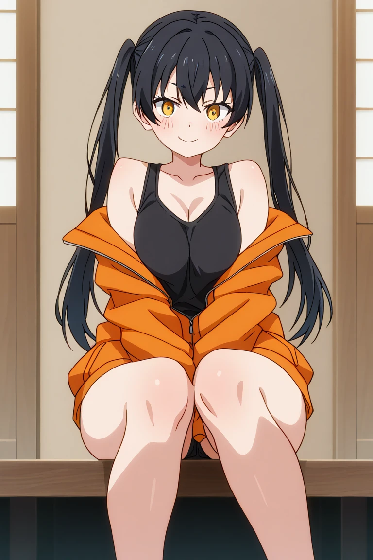 Tamaki kotatsu ,1girl , anime , masterpiece  ,twintails Black hair, jaqueta aberta open clothes , smug smile ,provocation face , solo ,  jacket, open clothes,  bra , small breasts ,pantie  ,pantyhose , looking at viewer . 