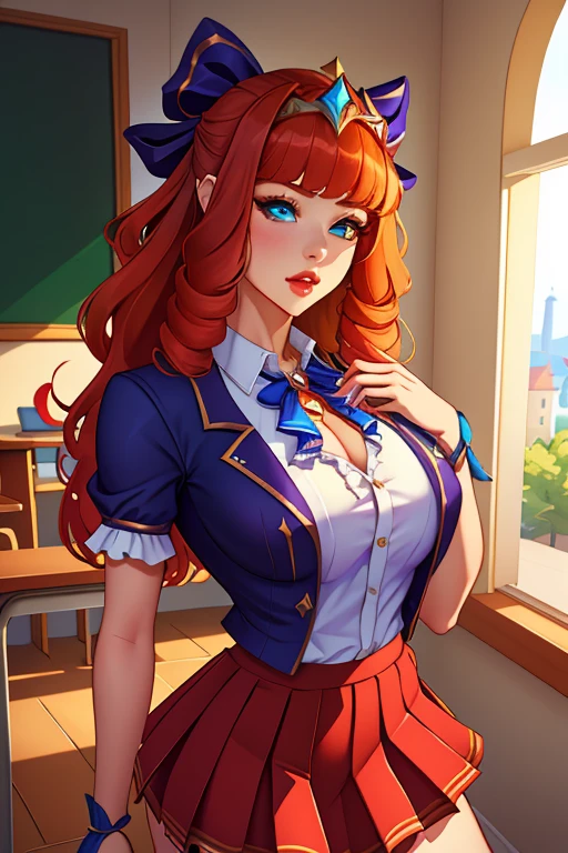 yugioh art style, character design, character concept art, realistic manhwa art for beautiful striking female teacher in the classroom, crimson hair with pink tips, blue Hair bobbles, bob haircut, blue eyes, light make-up, ruby lips, smooth, soft face, sculpted body, toned physique. she wearing sleeveless satin shirt that is white, classic collar shirt, cropped shirt, deep v-neck, elegant, passionate and beauty, red skirt, silver bracelet. Miki Asai Macro photography, vector art, sketch art, hyper detailed, trending on artstation, semi-realistic, sharp focus, studio photo, intricate details, highly detailed, by greg rutkowski. Gorgeous teacher stands confidently in the classroom with class board behind her.1 fille, Solo, Résolution Haute, Seins, Sourire, Yeux bleus, Cheveux Bleus, Résolution Haute, Œuvre d'art, Précis, Anatomie correcte, Qualité Meilleure, Details, Très détaillé, UHD, Cheveux Longs, Cheveux Bleus, Gros seins, Sourire, Yeux bleus, Lèvres Entrouvertes, Maquillage, Facteur de flare, Grain de Film, Bokeh, Lmière brillante,