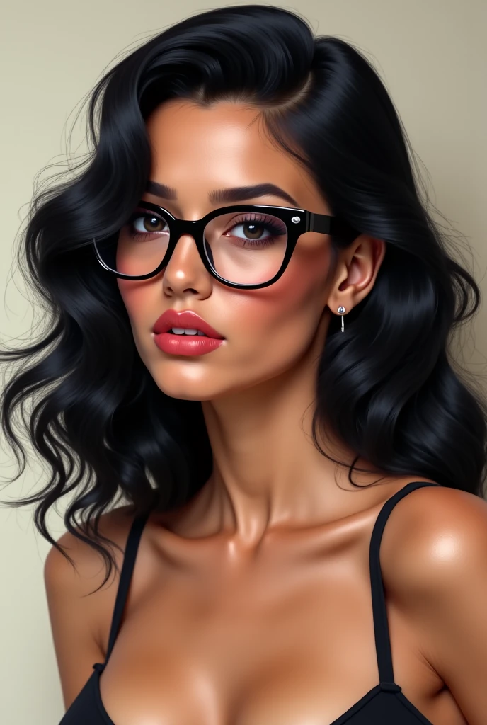 A cute latina girl named Tatiana, wavy black hair, glasses, seductive look, nice lips