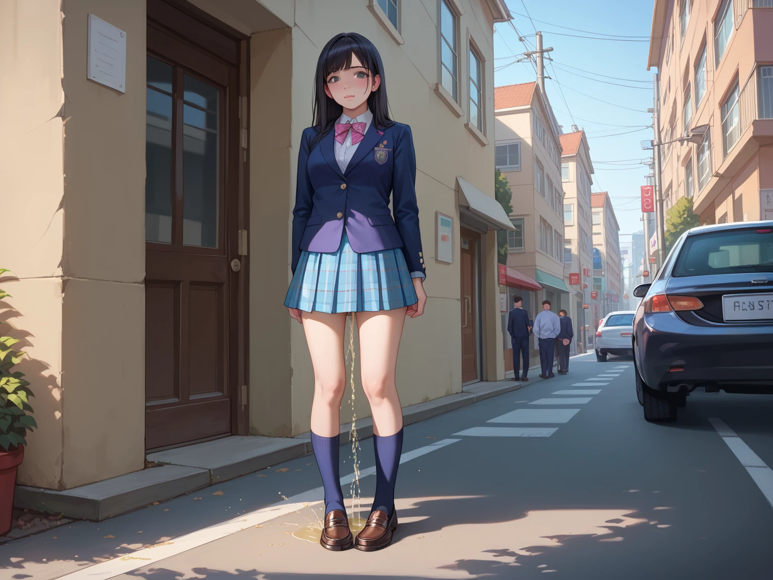 (Masterpiece:1.2), (high quality), (pixiv:1.4), (anime:1.4), wearing underwear, panties, loose socks, black hair, buttocks, brown eyes, blue skirt, solo, blazer type , panties, loose socks, black hair, lifting clothes, brown eyes, blue skirt, pure gaze, miniskirt, herself lift, plaid skirt, kawaii, blush,((large breasts)), (heart-shaped pupils), (sweat), Long hair, Physical education sitting, beauty legs, ((in the city))