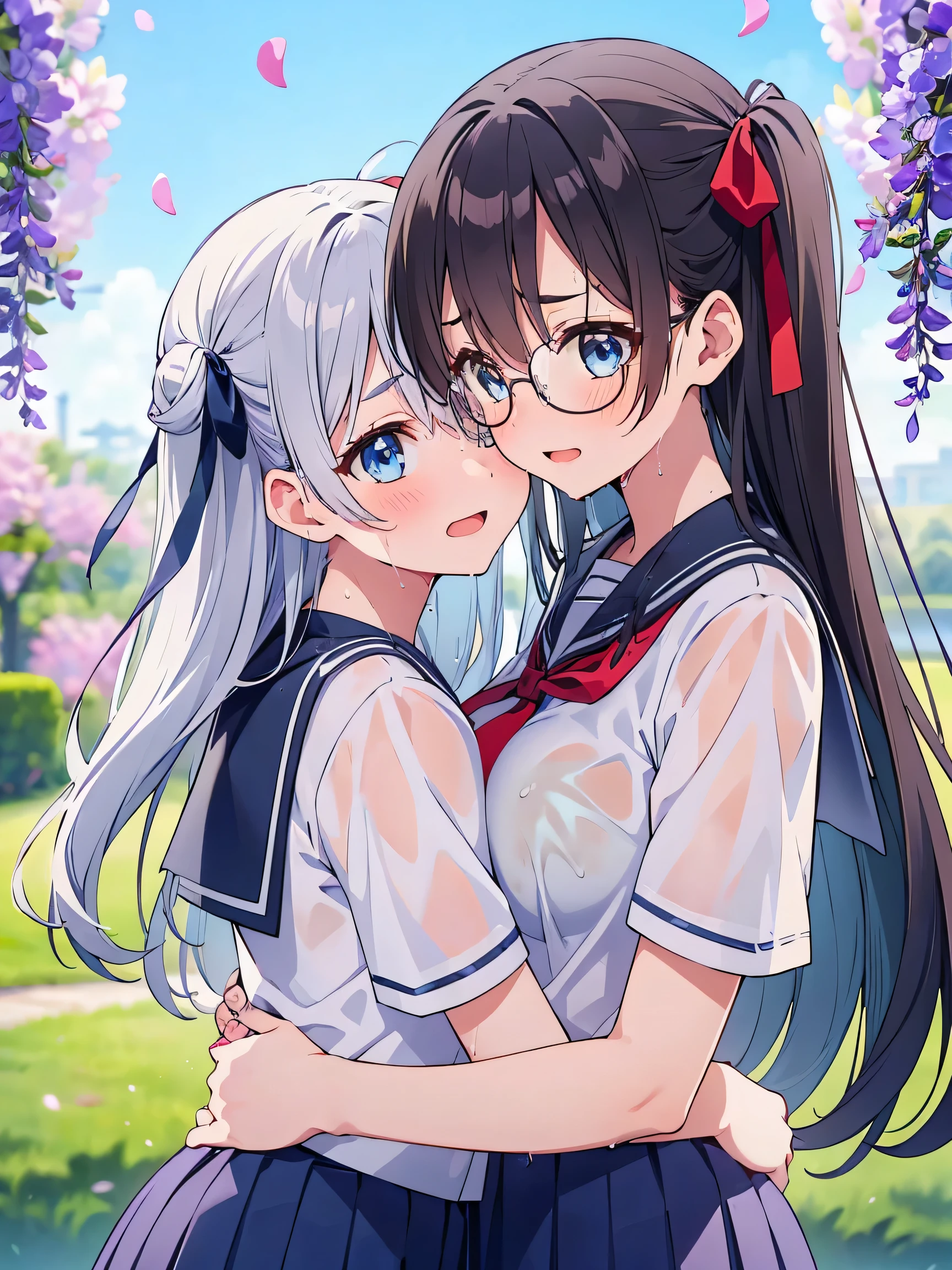 (score_9, score_8_up, score_7_up), source_Anime, absurd_res, white, blue, black, 2girls, duo, multiple girls, upper body, super fine illustration, an extremely delicate and beautiful, best quality, masterpiece, 8K, spring setting, wisteria flowers, gentle breeze, sunlight filtering through trees, BREAK
right girl is(long black hair:1.3, half updo:1.3, brown eyes:1.3, wearing glasses:1.3, round eyewear:1.3, thick eyebrows:1.3, sagging eyes:1.3, hair ribbon with light blue, ample breasts, white sailor school uniform:1.3, red tie, black pleated skirt, wet clotch, wet body, ultra-beautiful girl), BREAK
fluttering hair, gentle smile, blushing faces, surprised expression, embarrassed reaction, yuri:1.3, lesbian foreplay:1.3, looking viewers:1.3, mutual hug:1.3, breast press:1.3, dynamic pose, BREAK
left girl is(long silver hair:1.3, two side-up:1.2, blue eyes:1.2, hair ribbon with black, ample breasts, white sailor school uniform:1.3, red tie, black pleated skirt, wet clotch, wet body, ultra-beautiful girl), BREAK
soft fabric movement, fluttering petals, warm and bright atmosphere, soft lighting, delicate color palette, detailed clothing folds, flowing hair, lively spring vibe, highly detailed rendering, breathtaking composition,