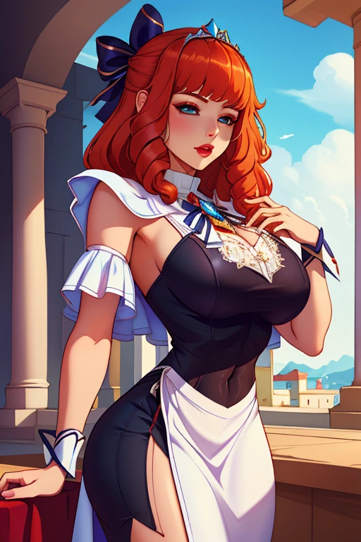 neonpunk style  <lora:Princess_White_Rose:1> white rose, blue dress, white rose cap, plunging neckline, white rose skirt, asymmetrical boots, asymmetrical gloves, brown hair, hair ringlets, cellulite . cyberpunk, vaporwave, neon, vibes, vibrant, stunningly beautiful, crisp, detailed, sleek, ultramodern, magenta highlights, dark purple shadows, high contrast, cinematic, ultra detailed, intricate, professional