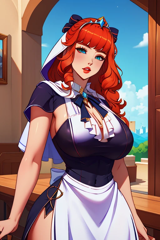 (NSFW, best quality,highres),(realistic:1.37),(portrait),(studio lighting), ,solo mature woman,curvy, giant breasts, big nipples, giant ass,straight strawberry blonde hair, dusty blue eyes,full lips, seductive, choker, painter's apron,painter's hat