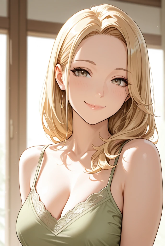 (best quality, highres:1.37), cool adult woman, elegant, long hair, swept-side bang, [[[brown hair]]], blonde hair, white t-shirt, cleavage, brown eyes, inside house, detailed facial features, confident pose, vibrant colors