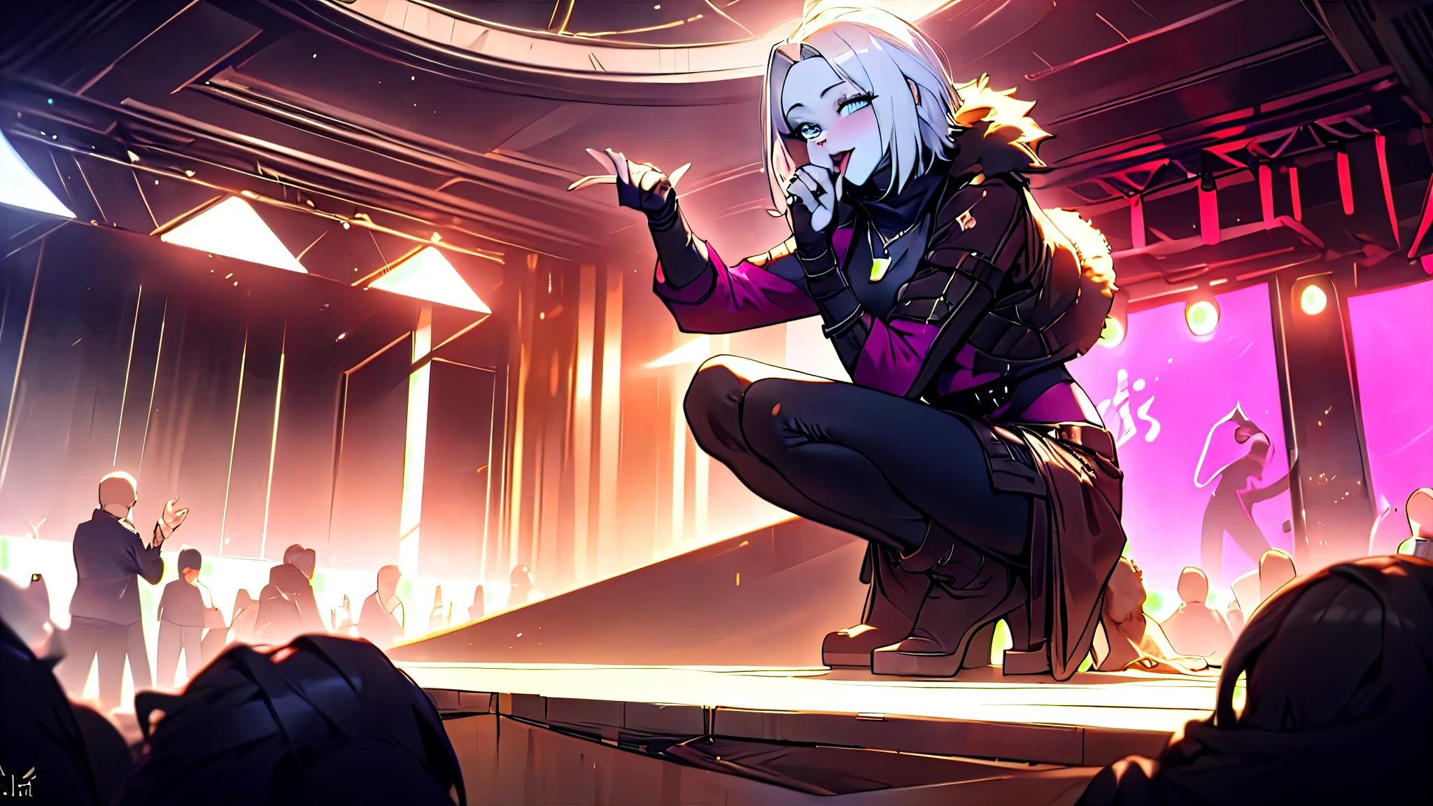 (masterpiece, best quality:1.2, looking down at subject, angled shot), solo, 1girl, mara sov, (blue skin:1.2), looking at viewer, fur trim, black leggings, black platform high heel shoes, necklace, BJ-FACE-POSE, tongue out, (hand infront of face, curled fingers, fingerless gloves), front view mara sov kneeling, slav squat, legs spread apart, on floor, straight back, (Setting: Nightclub, crowd watching in background, neon signs on wall, people sitting at tables, indoors, light fog)