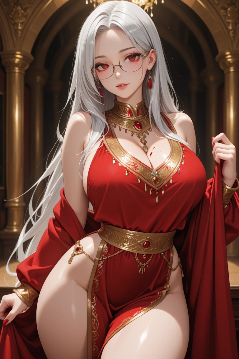Fire Priestess Red Priestess Robe White Hair Light Eyes Red Lips Firm Body Perfect Breasts Cleavage Tiara Red Mascara Bracelet 