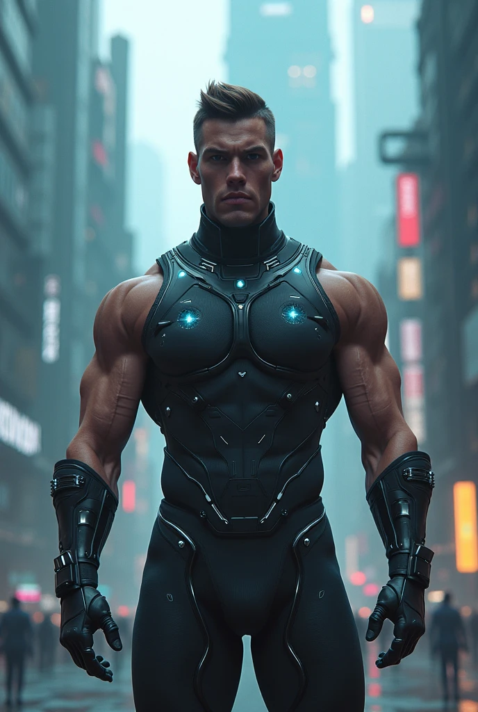 masterpiece, best quality, realistic, 1 man, ((male)), full body view, ((muscular)), armored, (((cyberpunk))),