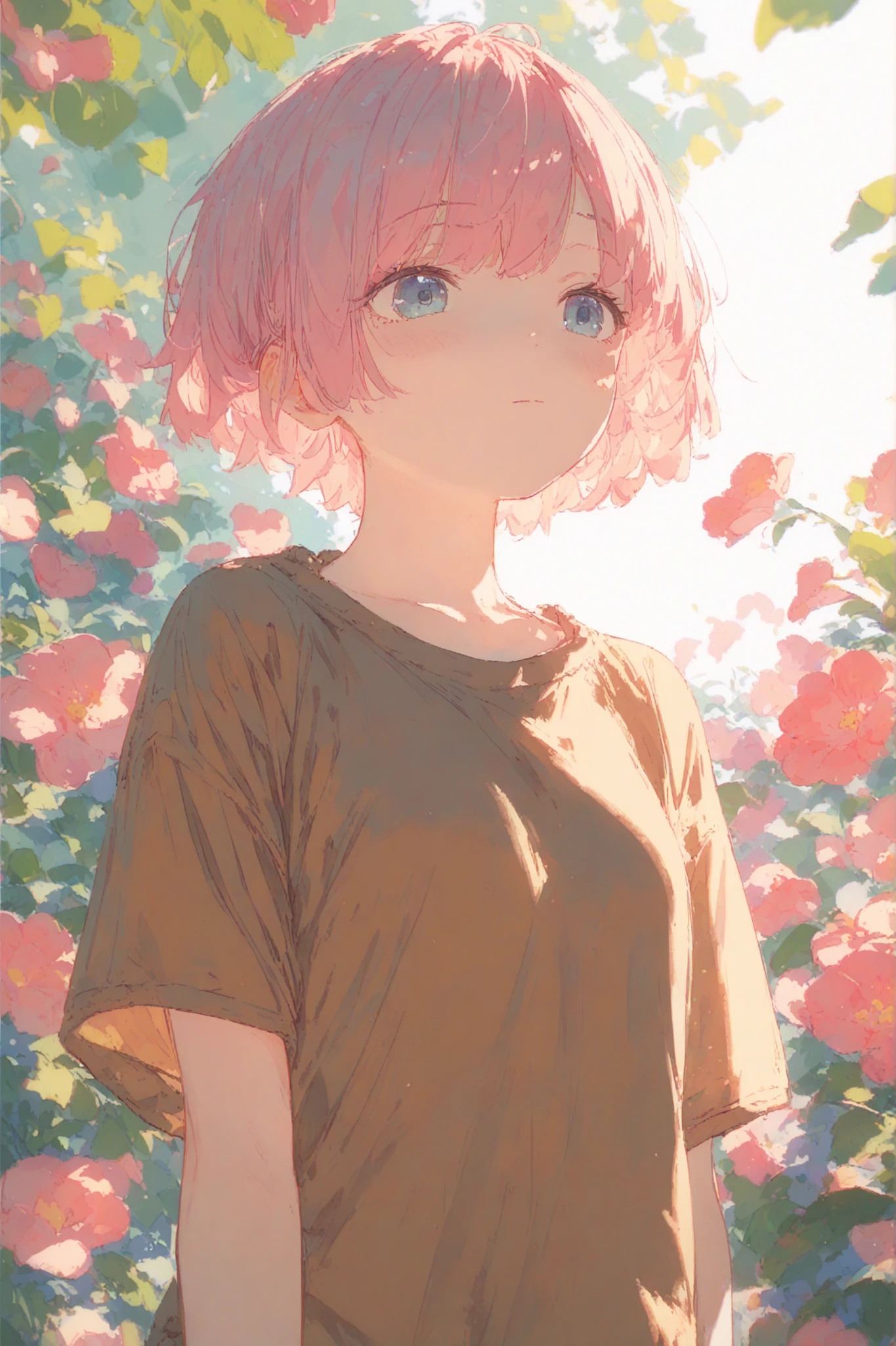 girl, tenderness, ease, pink hair, very short hair, very short hairstyle, brown sleeveless t-shirt, brown tank top, background: blooming flowers hang from the arch, flowers hang, warm lighting.