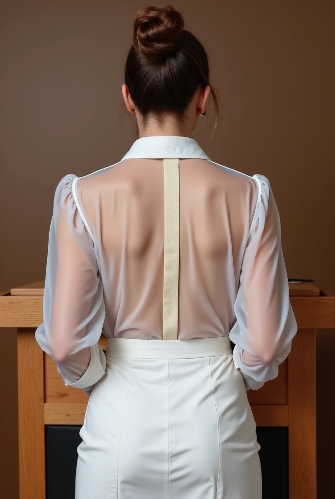 Masterpiece, ultra hd, 4k, high resolution detail, classroom background detailed, perfect lighting, sunset, 1 lady, solo shot, A ponytail lady,beautiful face detailed, eyes detailed, lips detailed, slender toned body, ((wide hips, thick thigh, protruding ass)),perfect hourglass figure, perfect proportion and shape, seductive pose, back view, look at camera, fear face detailed, (long sleeve tight white-blouse tucked in), ((flowing satin long pant)), dark skin , fair skin, ((glasses)), ((white shirt)), ((closed white hijab)), pastel brown colors