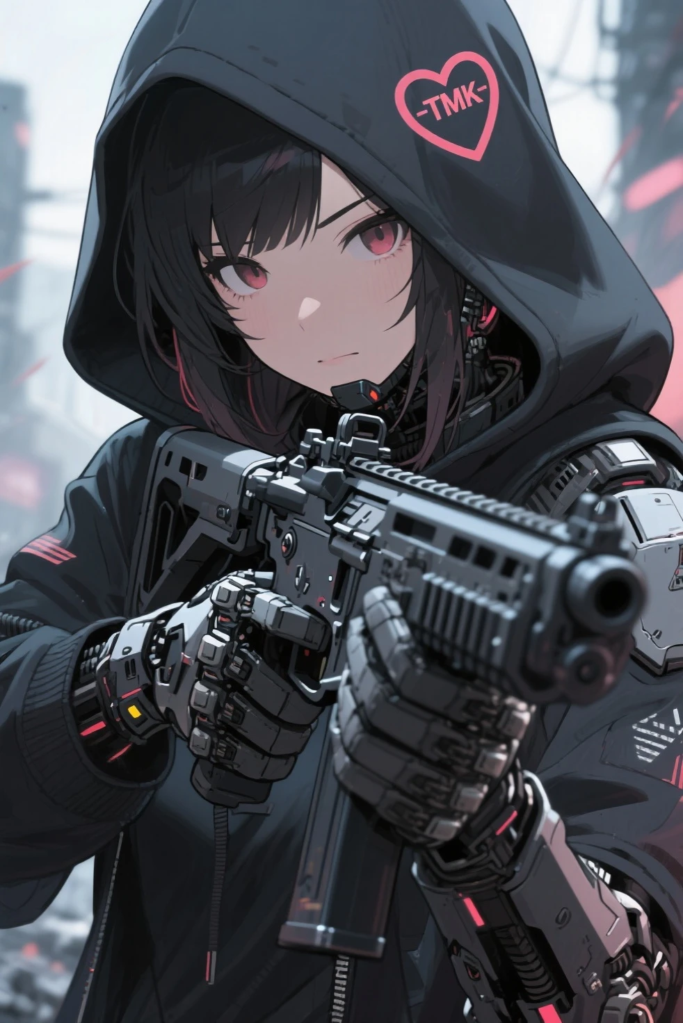 1girl, black long hair, purple eyes, glaring at viewer, wearing tactical gear, urban ruins, absurdres, high res, ultrasharp, 8K, masterpiece, blood on face, grime on face, blood on face, grime on face, mature looking, full body