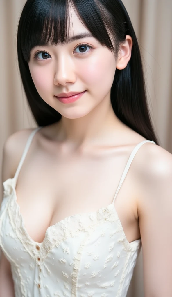 masterpiece, 8k, photoRealistic, Optimal ratio, Detailed face, ((Audience Watch)), , Realistic, Shapely bust, Slender body, Upper body photo facing forward, Detailed and beautiful hair, Fine Skin, RAW Color Art, Diffused, soft lighting, Sharp focus, Cinematic lighting、smile、Bride in a bra、18-year-old、Japanese beauty、chignon、New York night view、、Blur the background、Upper body photo、White wedding dress、、Bride in cute underwear、Cute bra
