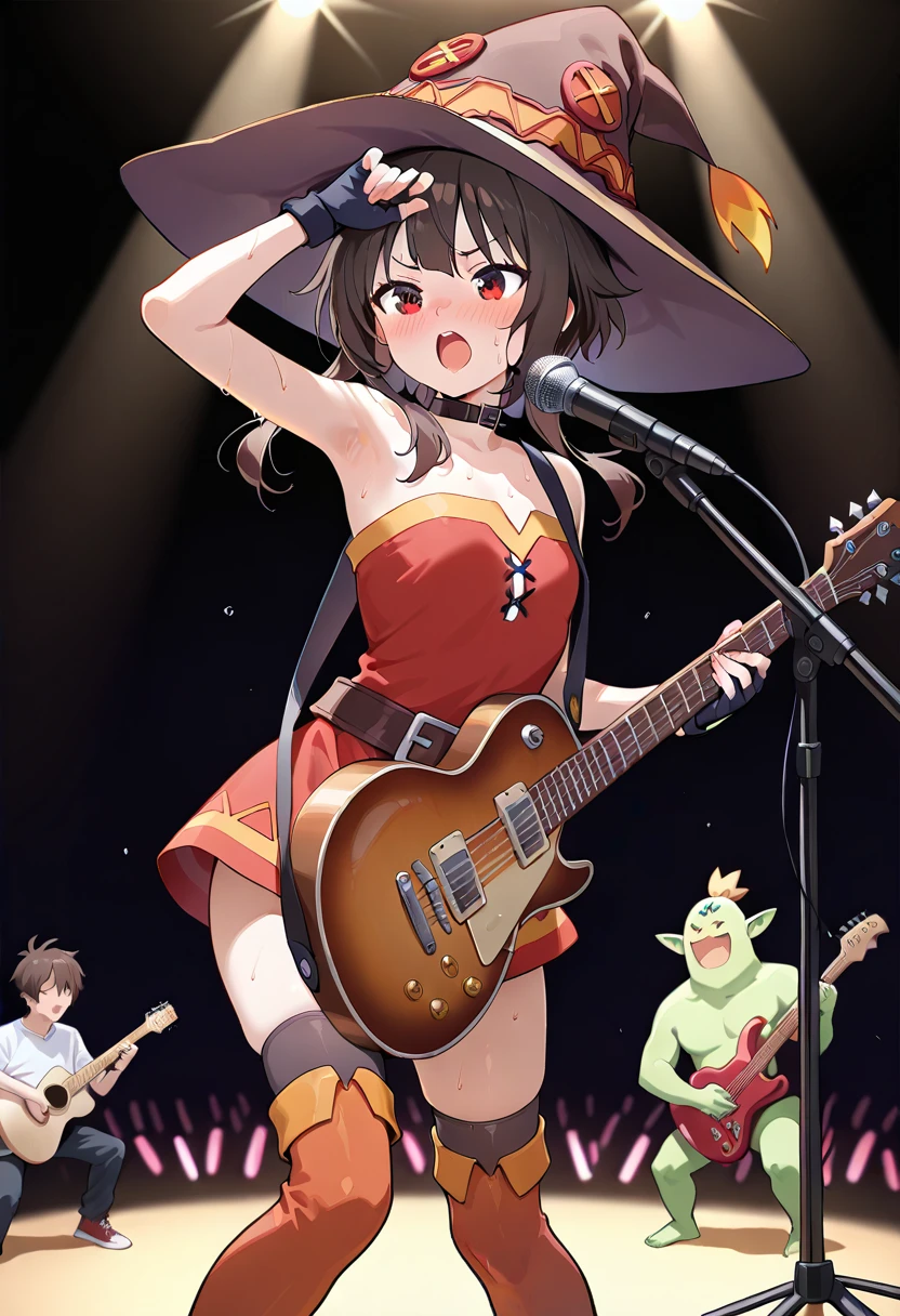 masterpiece, best quality, highly detailed, i-no a woman, red outfit, witch hat, red boots, ring necklace, dark hair, black hair, bob haircut, mole next to mouth, posing, playing guitar,
standing, full body, red skirt,