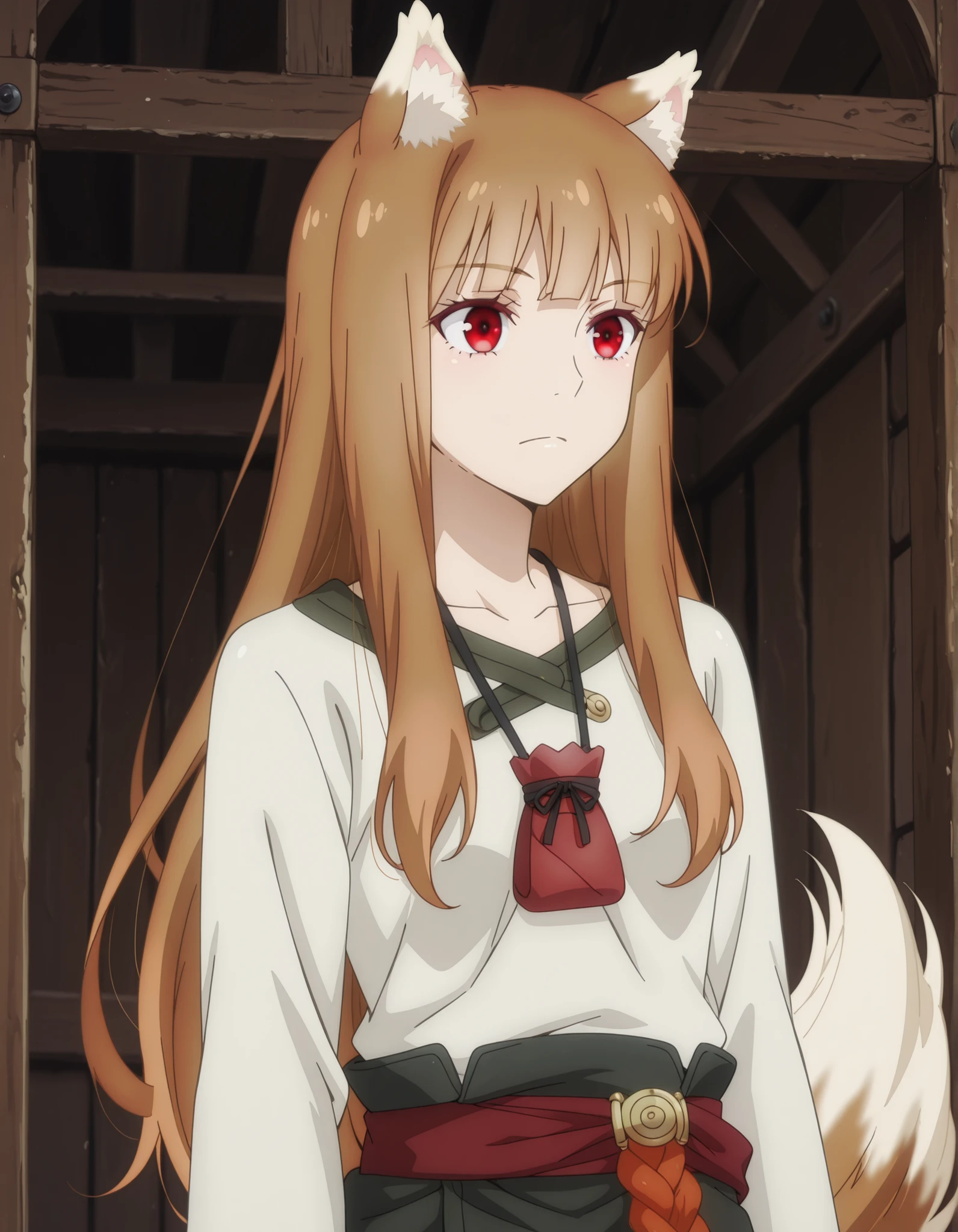holo, wolf girl, solo, 1girl, wolf ears, long hair, solo, red eyes, ginger hair, wolf tail, animal ears, animal ear fluff,very long hair, shiny hair, brown hair,