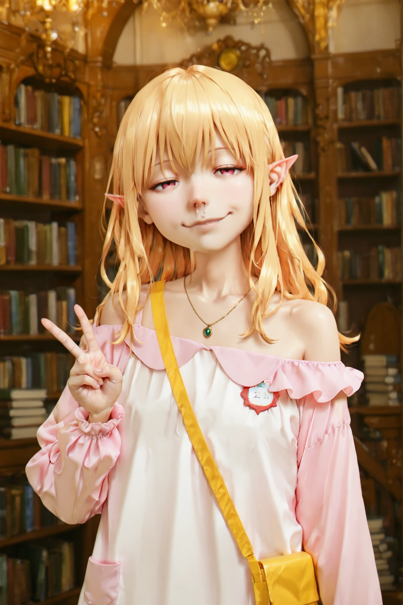 serie,pointy ears, solo, blurry, blurry background, book, book stack, bookshelf, depth of field, library, bare shoulders, white dress, evil smile, half-closed eyes, upper body, off shoulder, jewelry, necklace, BREAK
score_9, score_8_up, score_7_up, score_6_up, score_5_up, score_4_up, anime,(aged down),snot,enji-costume, kindergarten uniform,Park main gate,Stand still,expressionless,v,