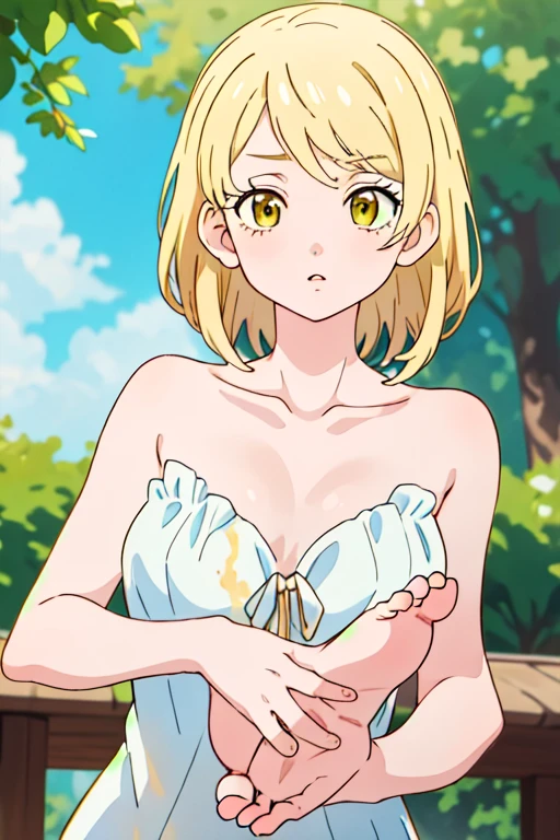 iroha isshiki, masterpiece, highres, solo, 8k, detailed, perfect face, best quality, (ultra high quality), (looking at viewers), (armpit), collarbone, bare arms, bare shoulders, medium breast, cleavage, blonde hair, long hair, ponytail hair,violet eyes, belly, stomach, navel, abs, sarashi chest, bandaged breast, (red hakama), slim body, upper body, closed mouth, blush, at forest, hand up