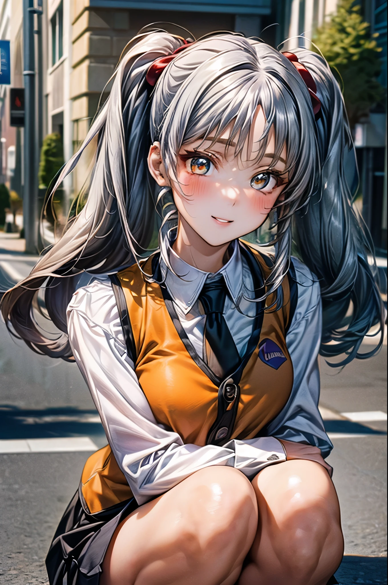 (masterpiece:1.3, top-quality, ultra high res, ultra detailed), (realistic, photorealistic:1.3), beautiful illustration, perfect lighting, natural lighting, colorful, depth of fields, 2025s, ,
beautiful detailed hair, beautiful detailed face, beautiful detailed eyes, beautiful detailed fingers, (perfect hands, five fingers, perfect anatomy, anatomically correct, super detailed skin), pink skin, shiny skin,
looking at viewer, (face focus, upper body), 1 girl, ruri_a, high school girl, cute and symmetrical face, perfect face, perfect eyes, perfect body, babyface, cute face:1.2, tiny,
(long hair, twin tails, long sidelocks, silver hair), bangs, golden eyes, big eyes, long eye lasher, (medium breasts, narrow west, seductive thighs), skin dentation,
(detailed cloth texture), break (shirt, white shirt, long sleeves, stick tie, black tie, vest, orange vest, sleeveless vest, black skirt, tight skirt,), break
(beautiful scenery), summer, evening, detailed background, (street:1.5), squatting, (fold arms), (lovely smile, shy, blush, parted lips),