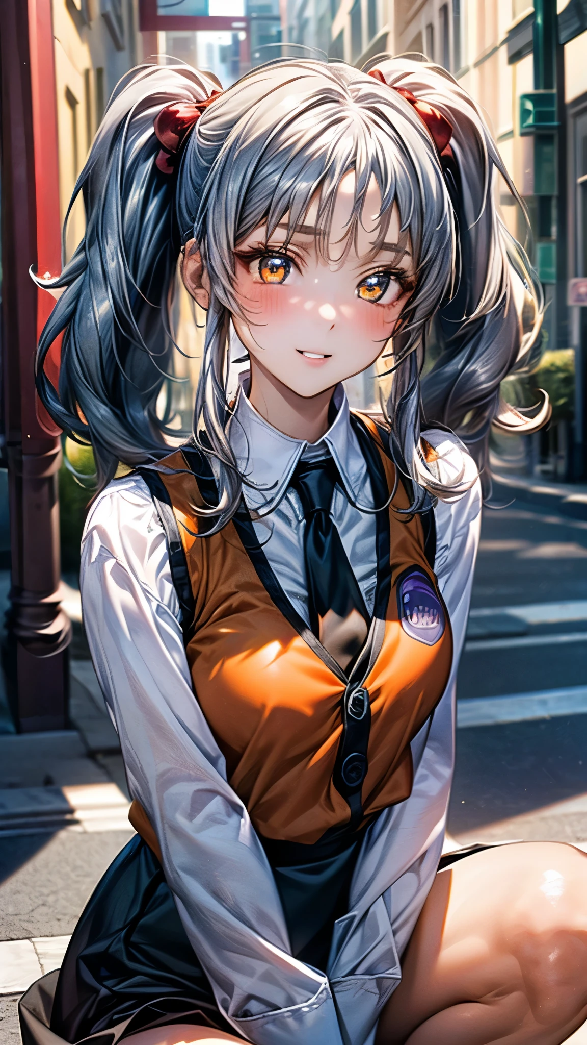 (masterpiece:1.3, top-quality, ultra high res, ultra detailed), (realistic, photorealistic:1.3), beautiful illustration, perfect lighting, natural lighting, colorful, depth of fields, 2025s, ,
beautiful detailed hair, beautiful detailed face, beautiful detailed eyes, beautiful detailed fingers, (perfect hands, five fingers, perfect anatomy, anatomically correct, super detailed skin), pink skin, shiny skin,
looking at viewer, (face focus, upper body), 1 girl, ruri_a, high school girl, cute and symmetrical face, perfect face, perfect eyes, perfect body, babyface, cute face:1.2, tiny,
(long hair, twin tails, long sidelocks, silver hair), bangs, golden eyes, big eyes, long eye lasher, (medium breasts, narrow west, seductive thighs), skin dentation,
(detailed cloth texture), break (shirt, white shirt, long sleeves, stick tie, black tie, vest, orange vest, sleeveless vest, black skirt, tight skirt,), break
(beautiful scenery), summer, evening, detailed background, (street:1.5), squatting, (fold arms), (lovely smile, shy, blush, parted lips),