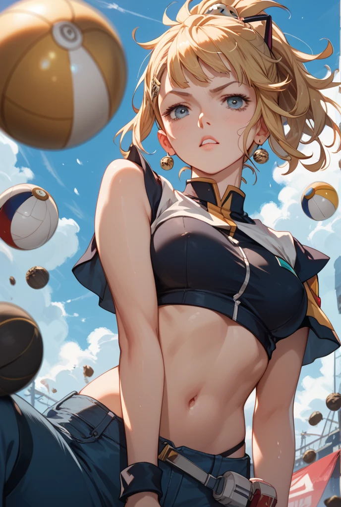 (masterpiece, highest quality, ultra high res, ultra detailed:1.3), 1 cute girl, ideal ratio body proportions, blonde short hair, cheerleader costume, clothes covered nipples, cameltoe, 