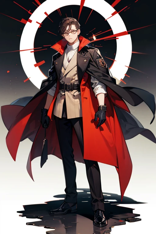 1boy, glowing red mechanical eyes, white hair, masterpiece, HD, vibrant, horror, full body view, blood over mouth, grin, black trench coat, peaked general cap, wolf ears