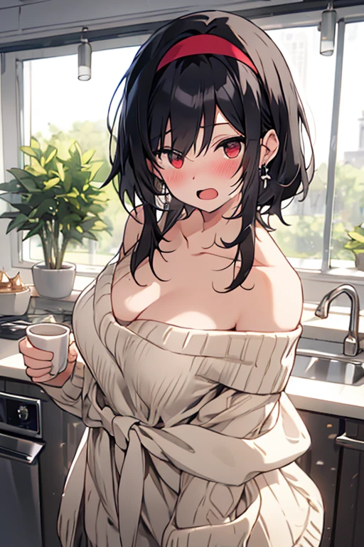 masterpiece, 1girl, Amazing Cleavage:1.3, thin waist, big ass, Raised sexy, medium breast:1.3,posed cleavage:1.2,solo, looking at viewer, open mouth, have a cup of coffee,black hair, red eyes, dress, bare shoulders, jewelry, collarbone, sidelocks, hairband, earrings, indoors, off shoulder, :o, sweater, arms behind back, plant, short hair with long locks, white hairband, off-shoulder dress, sweater dress, off-shoulder sweater, red sweater, big side hair, very long side hair,is rendered in (masterpiece: 1.2, best quality), with (ultra high resolution) and an exquisite (depth of field). This masterpiece is not only visually stunning but also tells, make of cooking some cakes ,in the kitchen
