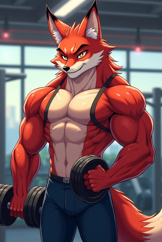 Solo male , furry,red fox ,red hair, muscly, flexing, School Student
