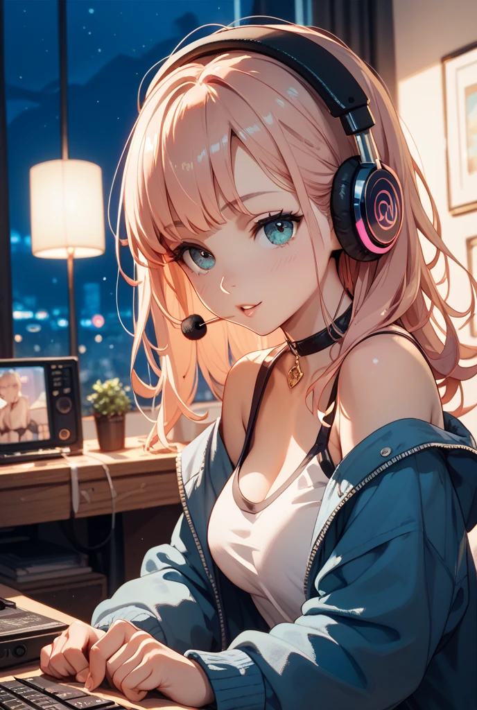beautiful young woman, anime style, detailed face, red hair, wet hair, large eyes, pink eyes, delicate features, soft lighting, blush, wearing a choker, wearing a casual dress, one-piece dress, sexy, cleavage, barefoot, sitting in a gamer chair, cozy bedroom interior, evening lighting, relaxed posture, playing video games on a gaming PC, multiple monitors, gaming setup, RGB lighting, detailed background, just showered, wet hair, illustration, anime art, hand-drawn style, high quality, highly detailed, 8k resolution, cinematic lighting, best quality, vibrant colors