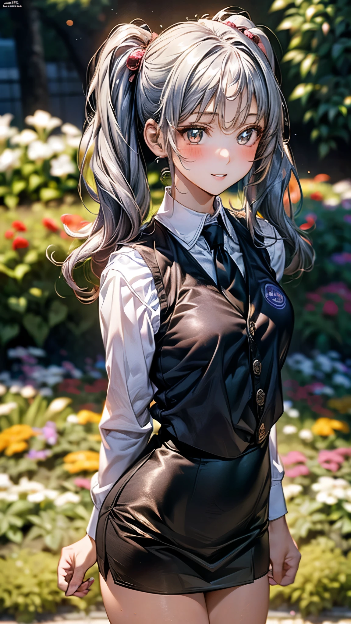 (masterpiece:1.3, top-quality, ultra high res, ultra detailed), (realistic, photorealistic:1.3), beautiful illustration, perfect lighting, natural lighting, colorful, depth of fields, 2025s, ,
beautiful detailed hair, beautiful detailed face, beautiful detailed eyes, beautiful detailed fingers, (perfect hands, five fingers, perfect anatomy, anatomically correct, super detailed skin), pink skin, shiny skin,
looking at viewer, (face focus, upper body), 1 girl, ruri_a, high school girl, cute and symmetrical face, perfect face, perfect eyes, perfect body, babyface, cute face:1.2, tiny,
(long hair, twin tails, long sidelocks, silver hair), bangs, golden eyes, big eyes, long eye lasher, (medium breasts, narrow west, seductive thighs), skin dentation,
(detailed cloth texture), break (shirt, white shirt, long sleeves, stick tie, black tie, vest, orange vest, sleeveless vest, black skirt, tight skirt,), break
(beautiful scenery), summer, evening, detailed background, (garden:1.5), walking, (hand in own hair), (lovely smile, shy, blush, parted lips),
