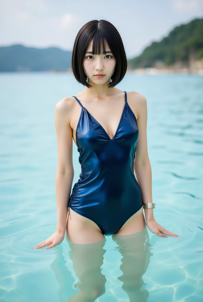 swim ware,full body of a 20-year-old Japanese beauty snapshot turned and looked at camera, double and big eyes,face is ennui, black bob hair