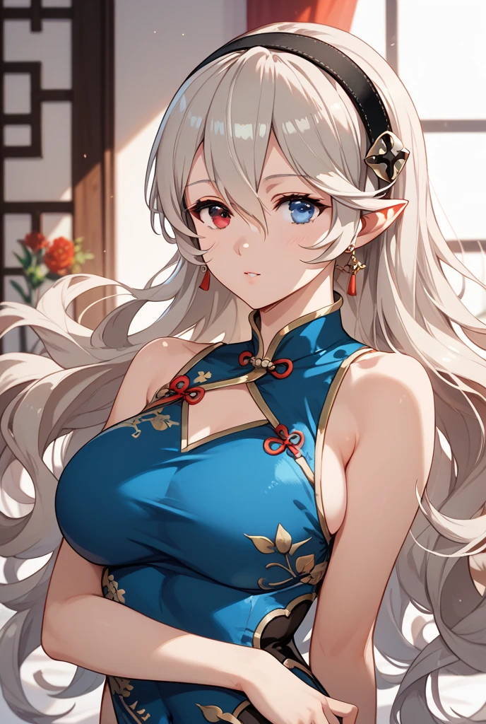 Highest quality,Masterpiece,8K,China Long Dress,Big Breasts,Best Style,Droopy eyes,A sparkling smile,white Hair,Hair Bun,Chinese restaurant,waiter,elf ears, blue eyes