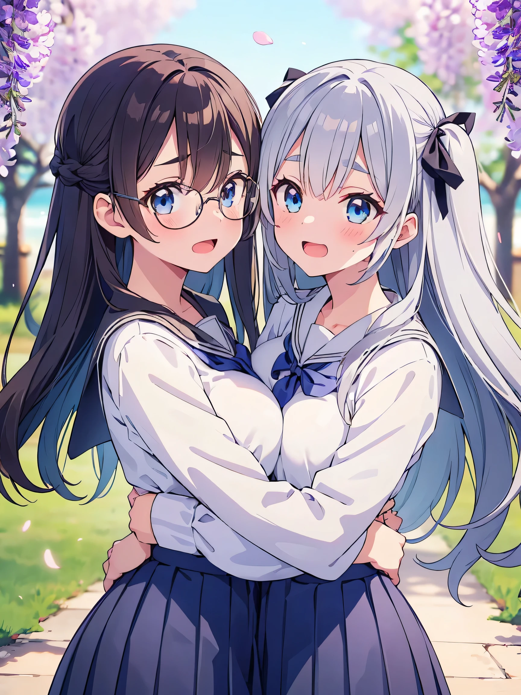 (score_9, score_8_up, score_7_up), source_Anime, absurd_res, white, blue, black, 2girls, duo, multiple girls, upper body, super fine illustration, an extremely delicate and beautiful, best quality, masterpiece, 8K, spring setting, wisteria flowers, gentle breeze, sunlight filtering through trees, BREAK
right girl is(long black hair:1.3, half updo:1.3, brown eyes:1.3, wearing glasses:1.3, round eyewear:1.3, thick eyebrows:1.3, sagging eyes:1.3, hair ribbon with light blue, ample breasts, white sailor school uniform:1.3, red tie, black pleated skirt, ultra-beautiful girl), BREAK
fluttering hair, gentle smile, blushing faces, surprised expression, embarrassed reaction, yuri:1.3, lesbian foreplay:1.3, looking viewers:1.3, mutual hug:1.3, breast press:1.3, dynamic pose, BREAK
left girl is(long silver hair:1.3, two side-up:1.2, blue eyes:1.2, hair ribbon with black, ample breasts, white sailor school uniform:1.3, red tie, black pleated skirt, ultra-beautiful girl), BREAK
soft fabric movement, fluttering petals, warm and bright atmosphere, soft lighting, delicate color palette, detailed clothing folds, flowing hair, lively spring vibe, highly detailed rendering, breathtaking composition,