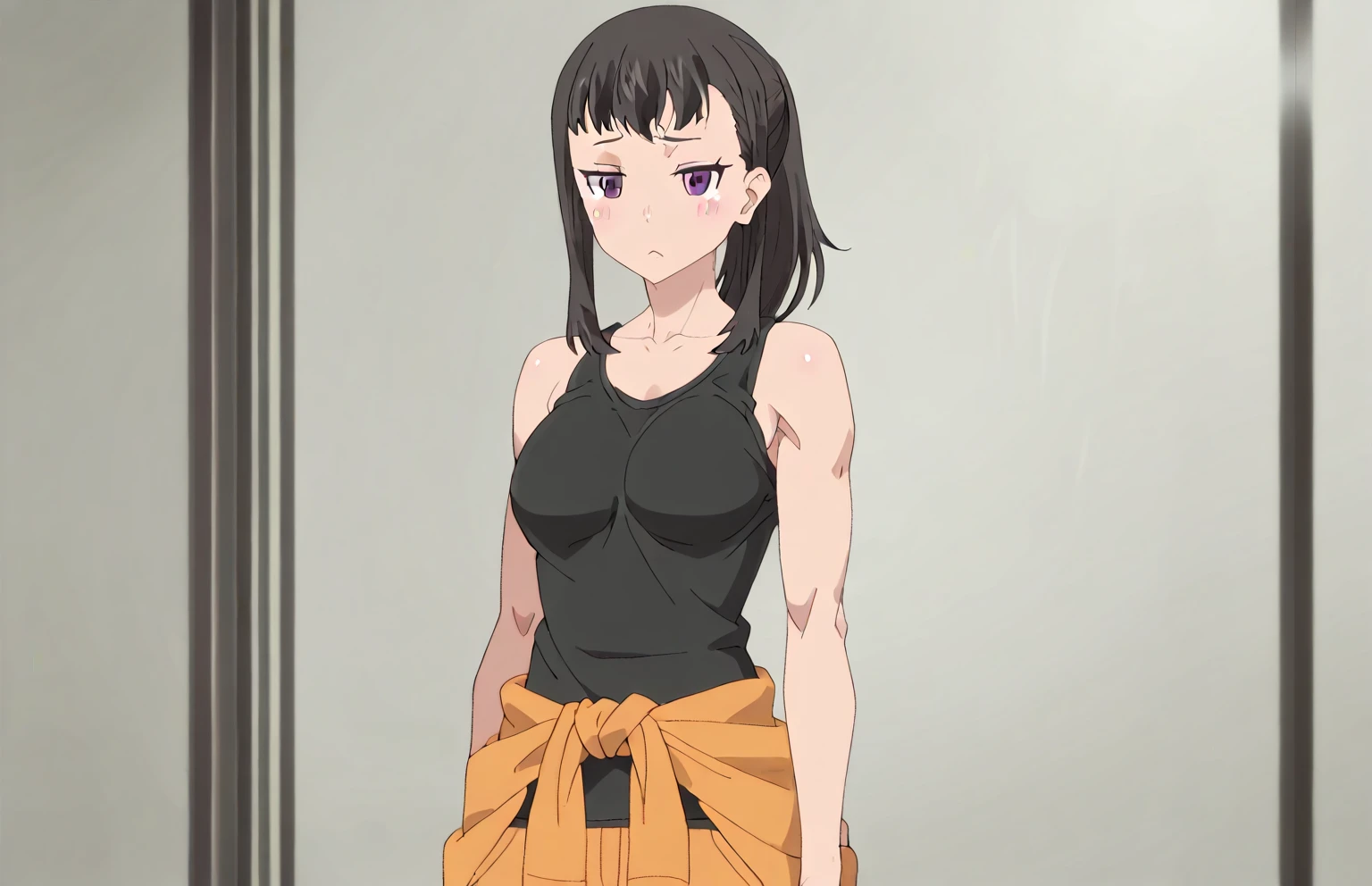 beautiful girl、Focus on the legs.、informal、long straight black hair、Put on a cap.、Modeling style、Caco pants、Six pack、Smooth stomach、navel、tank top、Only under the breasts can be seen.、anime style