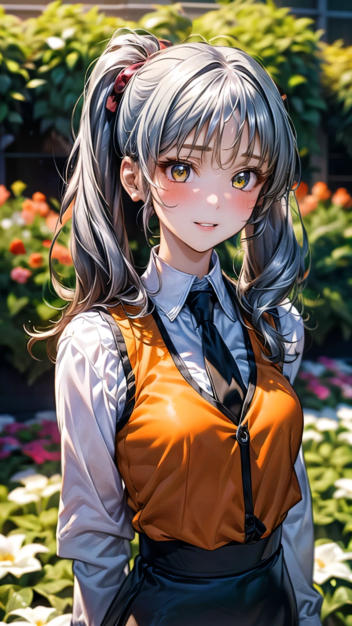 (masterpiece:1.3, top-quality, ultra high res, ultra detailed), (realistic, photorealistic:1.3), beautiful illustration, perfect lighting, natural lighting, colorful, depth of fields, 2025s, ,
beautiful detailed hair, beautiful detailed face, beautiful detailed eyes, beautiful detailed fingers, (perfect hands, five fingers, perfect anatomy, anatomically correct, super detailed skin), pink skin, shiny skin,
looking at viewer, (face focus, upper body), 1 girl, ruri_a, high school girl, cute and symmetrical face, perfect face, perfect eyes, perfect body, babyface, cute face:1.2, tiny,
(long hair, twin tails, long sidelocks, silver hair), bangs, golden eyes, big eyes, long eye lasher, (medium breasts, narrow west, seductive thighs), skin dentation,
(detailed cloth texture), break (shirt, white shirt, long sleeves, stick tie, black tie, vest, orange vest, sleeveless vest, black skirt, tight skirt,), break
(beautiful scenery), summer, evening, detailed background, (garden:1.5), walking, (hand in own hair), (lovely smile, shy, blush, parted lips),