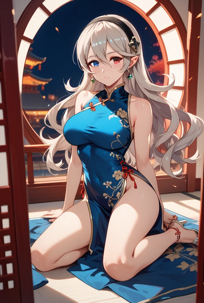 top-quality、realistic touch,high-detail、photoRealstic、thin-waist、captive beauty、big eye、Strong platinum blonde eyelashes、platinum-blond、full body Esbian、Sparkling eyes、Submissive smile、Flushed cheeks、Kamimei、thin-waist、Voluptuous thighs、Enraptured look、Raked bangs、The forehead is protruding、At the front door of the house、pony tail hairstyle、Navel Look、she is in estrus、Put your hands behind your head, spread your legs wide, and squat down.、sexy chinese dress、cocky expression
