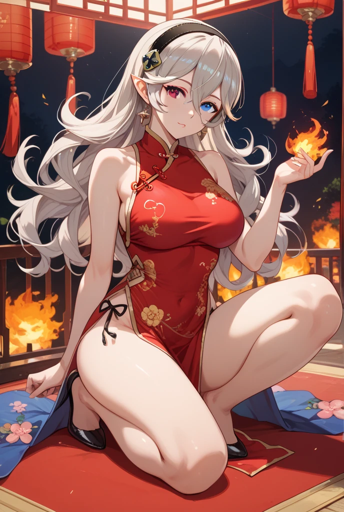 masterpiece,Highest quality,High resolution,Super detailed,courage \(star\),Pointed Ears,lupong hair,Ahoge,Red Hairband,Bare shoulders,China dress,Chinese clothing,Short dress,Cleavage cutout,Side bust,Thighs,hand_upon_Hip,Wrinkles_amount,indoor,