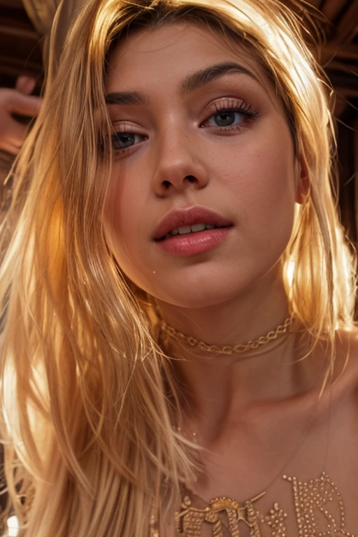 full-length shot of model Sofia Jamora, in a dark red latex dress, turning sideways, light blonde CURLY hair tied up in a bun, OIL ON CLEAVAGE, wearing pearl necklace, milk on lips, wearing hoop earrings, ultra sharp focus, trimmed pubic hair (high detailed skin:1.2), 8k uhd, dslr, high quality, film grain, Fujifilm XT38k, {{1girl}}